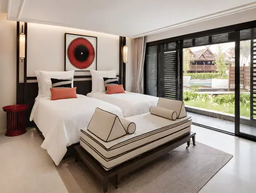 Aleenta Chiang Mai Luxury Resort Thailand Accommodation Balcony Deluxe Room Twin Bed Setup 2