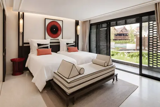 Aleenta Chiang Mai Luxury Resort Thailand Accommodation Balcony Deluxe Room Twin Bed Setup 2